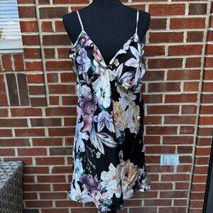 Midnight Bakery Satin Chemise Slip Dress Gown XL Black Floral Feminine Coquette